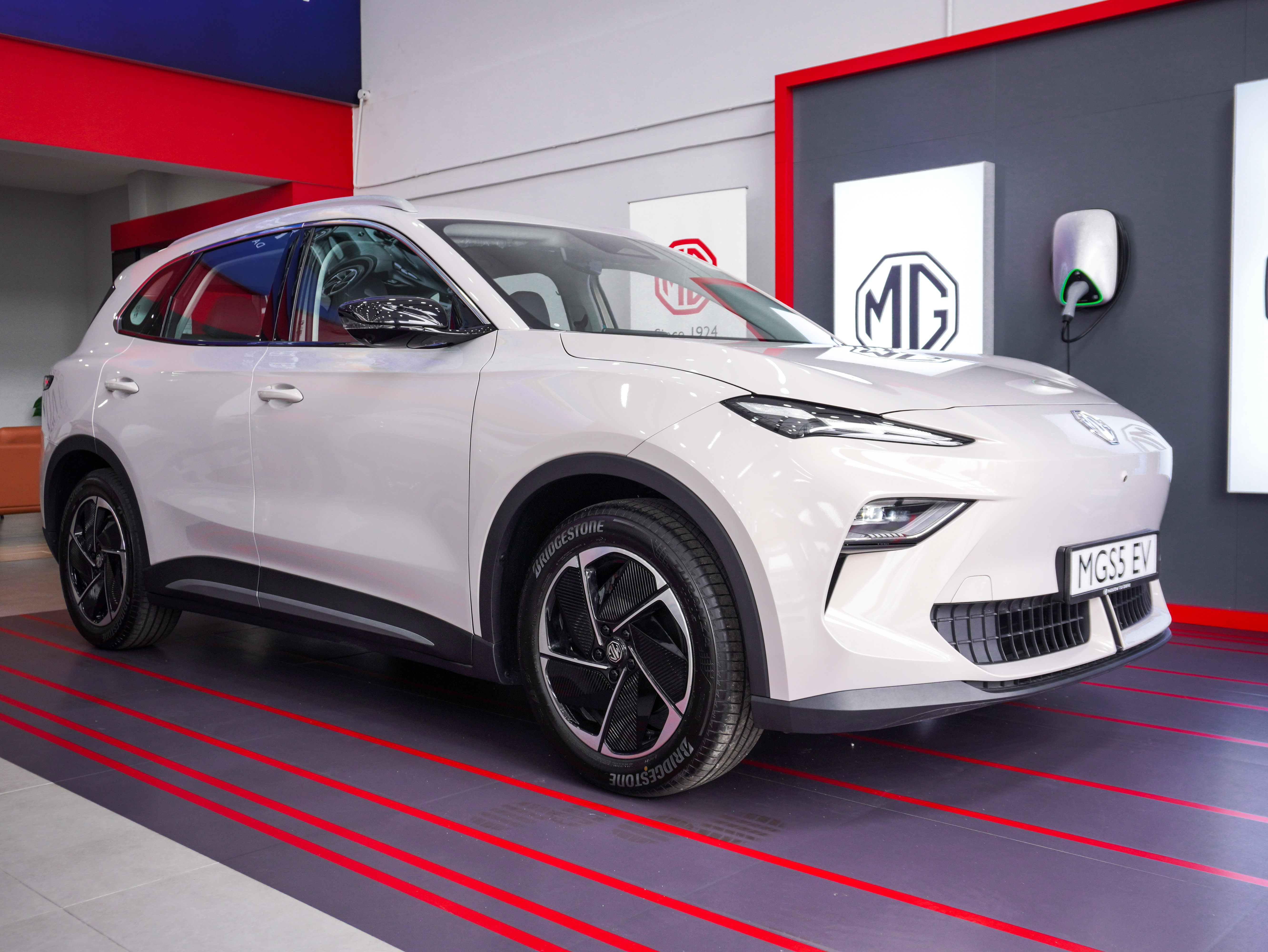 MG S5 electric SUV front three-quarter hero shot at MG Glenmarie, Shah Alam, Malaysia